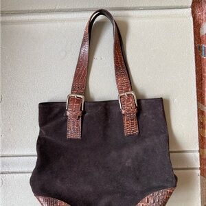 Pulicati Italia Suede Bucket Bag Brown with Aligator Pattern Straps and Corners